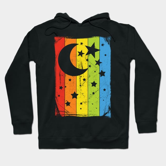 Rainbow Moon and Stars Night Sky Hoodie by fizzyllama